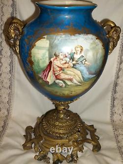 Sevres Porcelain Vase/ Urn Brass Ormulo With Rams Head Handles Hand Painted