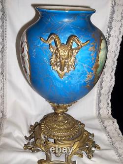 Sevres Porcelain Vase/ Urn Brass Ormulo With Rams Head Handles Hand Painted