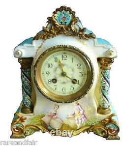 Sevres style French vintage hand painted porcelain clock artist signed