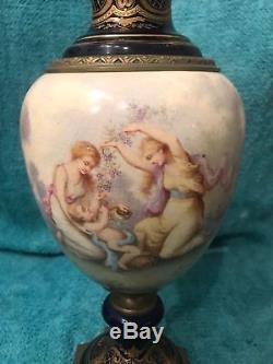 Sevres style blue porcelain vase with swivel body, late 19th century handpainted