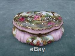 Signed Antique French Hand Painted Pink Porcelain Trinket Jewel Box Large 8