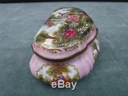 Signed Antique French Hand Painted Pink Porcelain Trinket Jewel Box Large 8