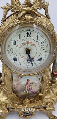 Signed Lancini Gilt Brass Mantel Clock And Urns Set With Handpainted Porcelain