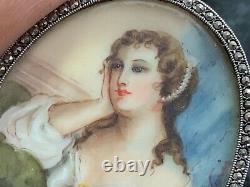 Silver Marcasite Vintage Portrait Hand Painted On Porcelain Broach
