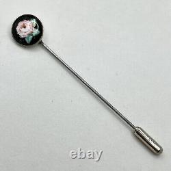 Sterling Silver Stick Porcelain Hand painted Flower Pin Hat CNB Hallmarked 1980s