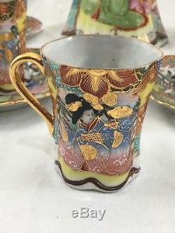 Stunning Antique Hand Painted Geisha Nippon Tea Set Kutani Porcelain Gold Gilt