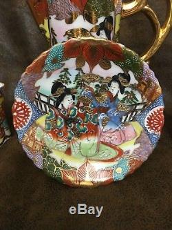 Stunning Antique Hand Painted Geisha Nippon Tea Set Kutani Porcelain Gold Gilt