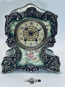 Stunning Antique Waterbury Hand Painted Porcelain Mantle Clock Parlor #91 & Key