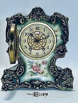 Stunning Antique Waterbury Hand Painted Porcelain Mantle Clock Parlor #91 & Key