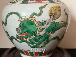 Stunning Antique Wucai Large Ginger Jar with Temple Lions Decoration 20.5cm