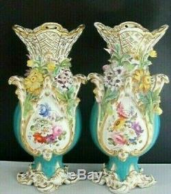 Stunning Pair Coalbrookdale Coalport Encrusted Handpainted Porcelain Vases c1820