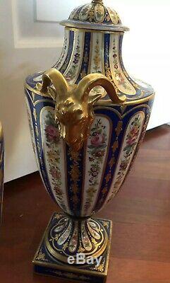 Stunning pair Antique Sevres hand painted porcelain urn Vases French 1870 France