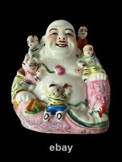 Superb Chinese Porcelain Budai Hotei With Climbing Children Polychrome Enamel