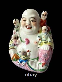 Superb Chinese Porcelain Budai Hotei With Climbing Children Polychrome Enamel