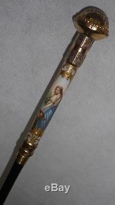 Superb Petite Ladies -gold Plate -hand Painted French Porcelain Dress Cane-31
