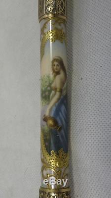 Superb Petite Ladies -gold Plate -hand Painted French Porcelain Dress Cane-31