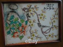 Superb old Chinese handpainted porcelain Qianjiang plaque signed 2 birds wood