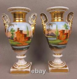 Superb pair 19th century antique hand painted Paris Porcelain URNS VASES. 8.75