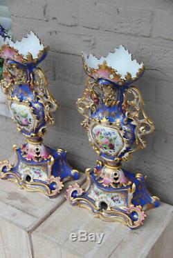 Top Antique French 19thc Vieux paris porcelain Vases hand paint attr jacob petit
