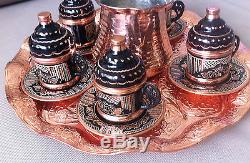 Turkish Coffee Set 6 Hand Painted Cups, Copper Cezve, Tray, Porcelain Insert