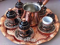 Turkish Coffee Set 6 Hand Painted Cups, Copper Cezve, Tray, Porcelain Insert