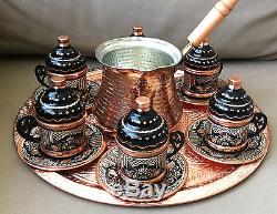 Turkish Coffee Set 6 Hand Painted Cups, Copper Cezve, Tray, Porcelain Insert