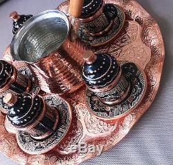 Turkish Coffee Set 6 Hand Painted Cups, Copper Cezve, Tray, Porcelain Insert