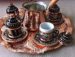 Turkish Coffee Set 6 Hand Painted Cups, Copper Cezve, Tray, Porcelain Insert