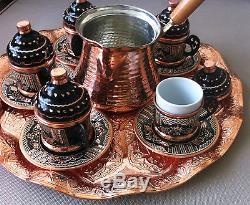 Turkish Coffee Set 6 Hand Painted Cups, Copper Cezve, Tray, Porcelain Insert