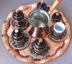 Turkish Coffee Set 6 Hand Painted Cups, Copper Cezve, Tray, Porcelain Insert