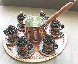 Turkish Coffee Set 6 Hand Painted Cups, Copper Cezve, Tray, Porcelain Insert