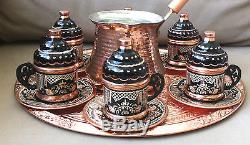 Turkish Coffee Set 6 Hand Painted Cups, Copper Cezve, Tray, Porcelain Insert