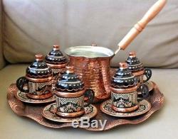 Turkish Coffee Set 6 Hand Painted Cups, Copper Cezve, Tray, Porcelain Insert