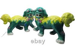 Two Large Antique Early 20th C. Hand Painted Chinese Porcelain Foo Dog Figurines