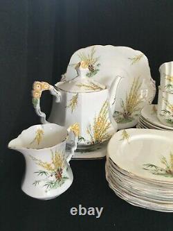 UNIQUE 40-pce 1930s Art Deco BROOM T & Coffee Set Flower Handle Squar Hnd Paintd