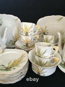 UNIQUE 40-pce 1930s Art Deco BROOM T & Coffee Set Flower Handle Squar Hnd Paintd