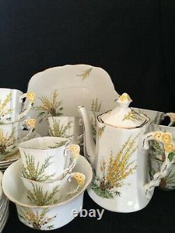 UNIQUE 40-pce 1930s Art Deco BROOM T & Coffee Set Flower Handle Squar Hnd Paintd