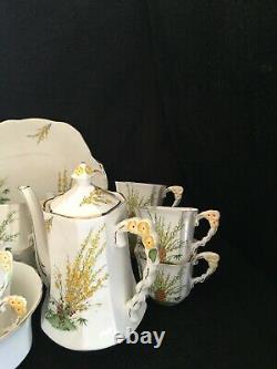 UNIQUE 40-pce 1930s Art Deco BROOM T & Coffee Set Flower Handle Squar Hnd Paintd