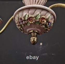 Unusual 2 Arm Dainty Vintage Italian Hand Painted Porcelain Brass Chandelier