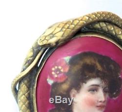 VICTORIAN HAND-PAINTED PORTRAIT ON PORCELAIN with GOLD OVER BRASS SNAKE FRAME PIN