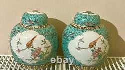 VINTAGE CHINESE Turquoise GINGER JAR Ceramic BIRDS & FLOWERS 6 TALL PERFECT