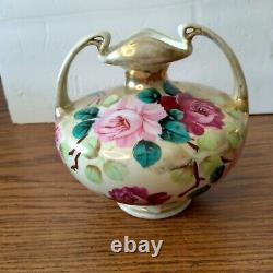 VTG Hand Painted Nippon Moriage 2 Handle Porcelain Vase Pink Roses Gold Gilded