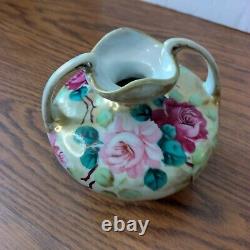 VTG Hand Painted Nippon Moriage 2 Handle Porcelain Vase Pink Roses Gold Gilded