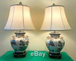VTG Wildwood Pair Crackle Porcelain Asian Jar Vase Table Lamp Hand Painted 28