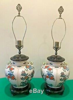 VTG Wildwood Pair Crackle Porcelain Asian Jar Vase Table Lamp Hand Painted 28