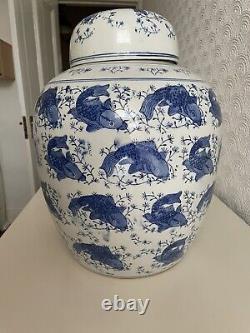 Very Large Chinese Blue & White Porcelain Ginger Jar Koi Carp Pattern 14