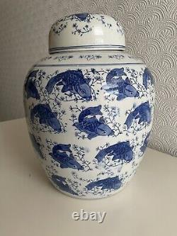 Very Large Chinese Blue & White Porcelain Ginger Jar Koi Carp Pattern 14