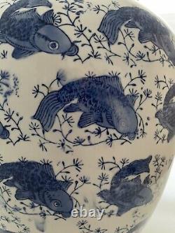 Very Large Chinese Blue & White Porcelain Ginger Jar Koi Carp Pattern 14