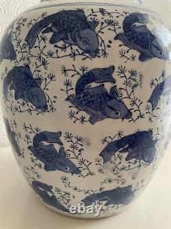 Very Large Chinese Blue & White Porcelain Ginger Jar Koi Carp Pattern 14