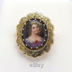 Victorian 14k Gold French Hand Painted Portrait Porcelain Cameo Brooch Pin 5.3gr